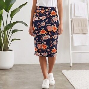 Agnes Dora Pencil Skirt Womens XL Navy Floral Stretch‎ Knit Wide Waistband NWOT